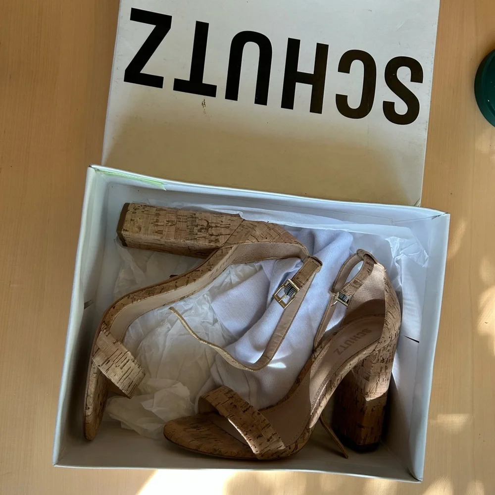 SCHUTZ Cork Block Heel Sandals in Natural Tan - Picture 1 of 4
